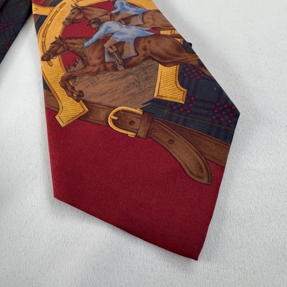 Polo Ralph Lauren Silk Tie Mens Burgundy Navy Plaid Equestrian Jockey Horse USA - Picture 2 of 9